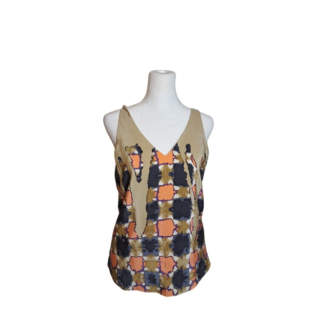 Tibi 100% Silk Blouse Shirt Strappy Beige Peach Black Lined Sz 2